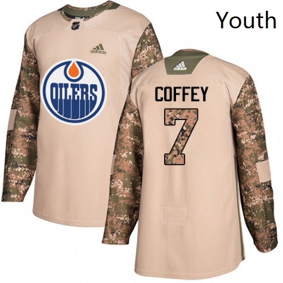 Youth Adidas Edmonton Oilers 7 Paul Coffey Authentic Camo Veterans Day Practice NHL Jersey